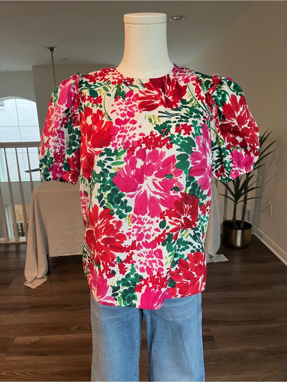 Vineyard Vines Red, Pink & Green Floral Puff-Sleeve Blouse